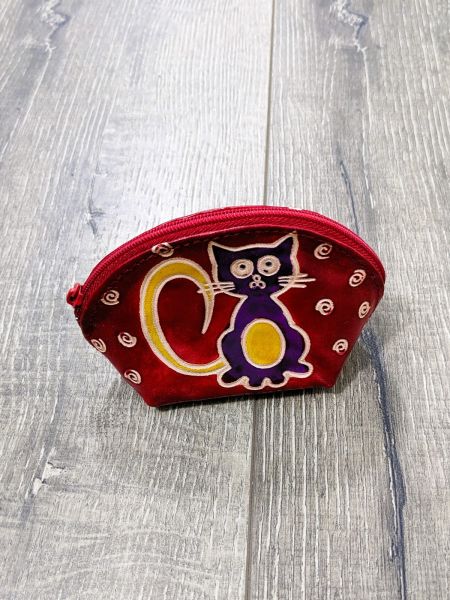 Fair trade handmade small square leather coin purse Brown Cat face –  fair2all