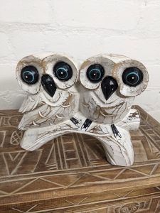 Two White Owls On Bench 17 x 21 x 8 cm