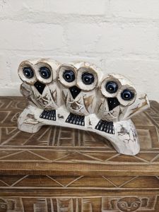 Three White Owls On Bench 12 x 20 x 5 cm