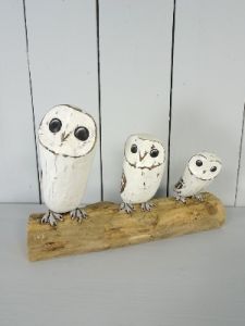 Three White Owls On Log 18 x 27 x 9cm