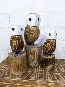 Set Of Three Brown Owls On Logs 29 x 28 x 18cm