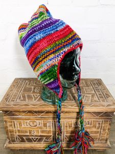 W - Rainbow Long Knitted Hat - Wool Outer