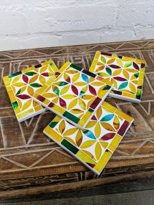 Set of 4 Multi Square Mosaic Flower Coasters 10x10 cm