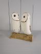 White Double Owl on Wood 16x14 cm